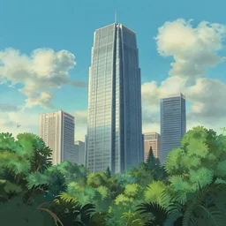 big skyscraper levitate over the jungle, ghibli style, sky in a background, tall lines
