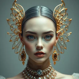 a wide shot portrait of a model in haute couture by irakli nadar, elegant, sophisticated, of a translucent cute dainty, full face frontal centered, big eye, ultra detailed wire decoration, golden wings, realistic jewels, by nixeu and guweiz weta, sleek curves, intricate sharp focus, trending on artstation, deviantart, pinterest