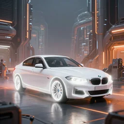 bmw f 1 5, scifi environment, white glow, orange glow, ultra realistic, highly detailed, futuristic landscape, industrial, city, atmosphere, highlighted, cinematic, art by jan urschel and neil blevins