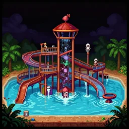 creepy and wet abandoned waterpark, retro, pixelated, doom screenshot, 1 9 9 3, gzdoom