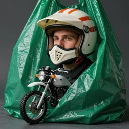 portrait of a knight in a motorcycle dirt helmet background, green plastic bag, elegant, fashion studio, ighting, 3 5 mm, edward hopp