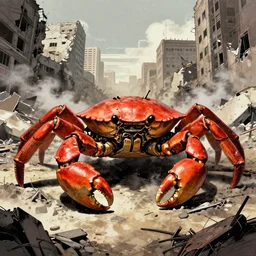 a giant mechanical crab in the middle of war - torn battlefield of a crumbling city, some smoke, artstation, concept art, smooth, sharp focus, vivid grunge, manga, illustration, unreal engine 5, 8 k, wide angle, by bilibin and kuvshinov and malevich and mucha, traditional japanese colors, superior quality, very detailed