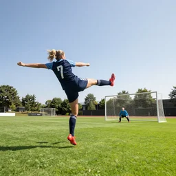 of a wide angle behind a blonde soccer star woman mid kick in the air scoring a goal past a goalkeeper diving and everyone behind the net in celebration cheering, scoreboard in background says 4 to 0, digital art, ultra high detail, cinematic
