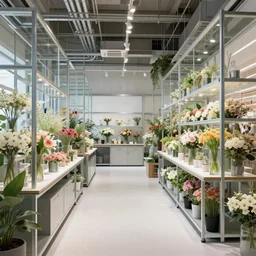 high detailed image, labotory concept flower shop interior design, made of steel and glass