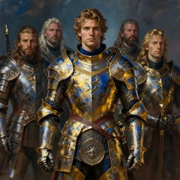 a handsome human male paladin wearing plate armour of gold and blue. oath of glory. fantasy concept art. moody epic painting by james gurney, greg rutkowski, charlie bowater, giger, maxim verehin and alphonso mucha. artstationhq. painting with vivid color. ( dragon age, witcher 3, lotr )