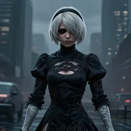 new york city portrait of 2B nier automata wearing skin tight clothes muzzle gloomy rainy screenshot from the video game cyberpunk 2077 digital art by Greg Rutkowski, Simon Stalenhag, christopher nolan trending on Artstation, CGSociety