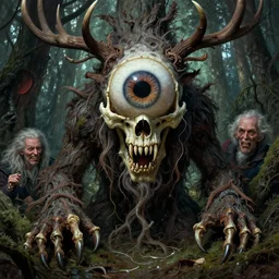 hyperdetailed art nouveau portrait of treebeard as a cthulhu eyeball skull wendigo dragon werewolf, by geof darrow, simon bisley and bill sienkiewicz, grim yet sparkling atmosphere, photorealism, claws, skeleton, antlers, fangs, forest, wild, crazy, horror, lynn varley, lovern kindzierski, steve oliff