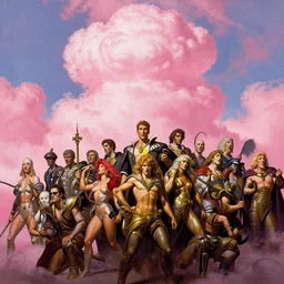 pink clouds, Boris Vallejo, Julie Bell, Zdzisław Beksiński, Ed Binkley, Mark Brooks Frank Frazetta, Greg Hildebrandt, Tim Hildebrandt, Alex Horley, Ralph Horsley, Peter Andrew Jones, Eddie Mendoza, Earl Norem, Greg Rutkowski, Michael Whelan, Artgerm