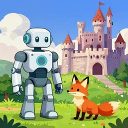a robot and a fox standing by a castle, in the style of sierra online games from the 1 9 9 0 s