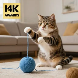 a man dressed up as a cat, playing with yarnball, in a living room, 4 k photo, 8 k photo, award winning photography