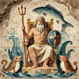 The collage shows a mythological scene. A large, bearded man is shown seated on a throne, surrounded by sea creatures. He has a trident in one hand and a shield in the other. Behind him is a large fish, and in front of him are two smaller creatures. lofi, cave painting by Beatrix Potter, by Henry Justice Ford geometric