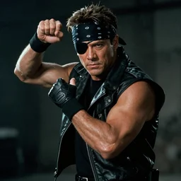 promotional shot of michael biehn as solid snake in metal gear 2, clean cut wearing a bandanna and an eye patch, 1 9 9 0, dark atmosphere, movie still, dramatic action pose