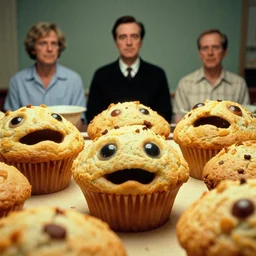 giant alien muffins with big mouths and little eyes. scorsese, wes anderson, kodachrome, fred herzog. epic view. cinestill film tones, by chesley bonestell, vincent di fate