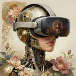 portrait of a vr headset, robot steampunk, floral! horizon zero dawn machine, intricate, elegant, highly detailed, ray tracing, digital painting, artstation, concept art, smooth, sharp focus, illustration, art by artgerm and greg rutkowski and alphonse mucha, 8 k