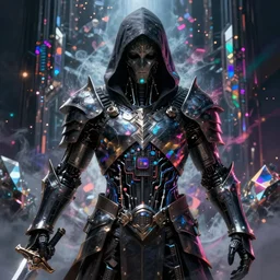 Ultra realist and ultra intricate dark detailed painting of an powerful hooded assassin king wearing gothic body armor, human face biomechanical complex torso covered in iridescent processor microchips, 3D render, symmetry, rich style, glowing iridescent sparks and smoke behind, crystallic cyberpunk megastructure background, artstation, colorful, badass, dark ominous stealth, colorful lens flares, brandishing futuristic sword, unreal render, depth of field