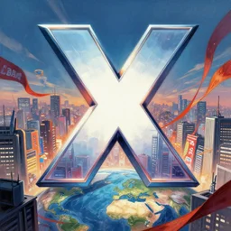 an epic comic book style painting of the uppercase letter x towering over the world, the letter x, giant font, lettering, future tokyo cityscape with ribbons, banners and ribbons, trending on artstation, dynamic lighting