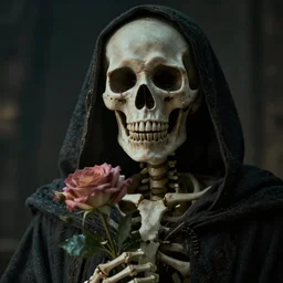 cinematic shot epic portrait skeleton wearing a dark robe holding flowers crying, hyper realistic, mood lighting, fantasy, detailed face, highly detailed, super realistic, perfect lighting