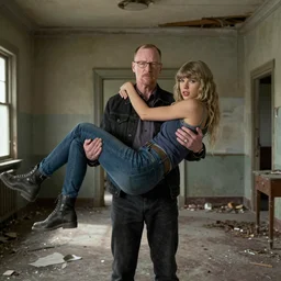 walter white. carrying taylor swift into a derelict room.