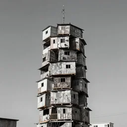 a tower made up of makeshift squatter shacks, mamiya, 8 5 mm, infrared camera, fine details, photographed by julie blackmon