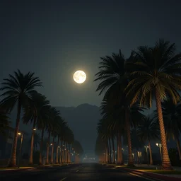 a unreal engine scene, los angeles, palms, full moon, concept art, hyperrealistic, trending on artstation, high quality, highly detailed, path traced, soft lighting, soft colors, digital art, 8 k hdr, octane render, unreal engine 5,