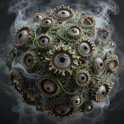 an intricate and detailled illustration close - up of intricate fractal mandelbulb made of smoke and vines, lot of eyes, rendered in cinema 4 d, by esao andrews and karol bak and zdzislaw beksinski and zdzisław beksinski, trending on art station