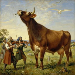 painting of a big cow with a long curved neck playing violin in a medieval styled field with three peasants spitting on it's face, by xavier landry