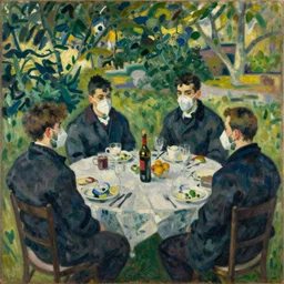 oil on canvas, painting from edouard manet, in the style of le dejeuner sur l'herbe, social distancing, covid 1 9, weating ffp 2 masks, 1 8 6 2, impressionism, realism
