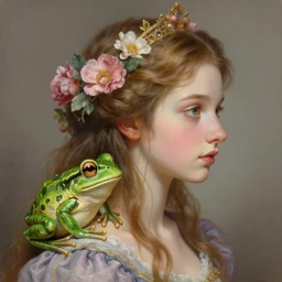 hyperdetailed fantasy profile portrait of a realistic princess and the frog, floral hair, by greg rutkowski, highly detailed, digital painting, artstation, smooth, sharp focus, artstation hq. intricate, elegant, oil painting, by alex ross, wlop, artgerm, tomokazu matsuyama, takato yamamoto
