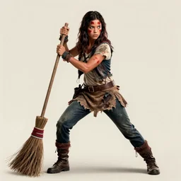 a young Michelle Rodriguez dressed in tattered clothes, with red face paint in fighting pose holding a broom, wide full body, movie poster, realistic hyper detailed concept art