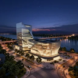 an ultra detailed 3 d render of an exterior street view of a museum at night all lit up next to river and bridge and road, night time, photorealism, air with dusk and star, foster and partners, global illumination, cinematic vibrant, 8 k, octane render, ultrarealistic