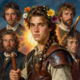 druid. young man with braided brown hair. wildflowers in his hair. amber eyes. leather armor, and a longbow. wooden staff carved with strange symbols. edgar maxence and caravaggio and michael whelan and delacroix style, artistic, intricate painting, cinematic lighting, hyper realistic, extremely detailed, vivid colors, establishing shot, dramatic lighting