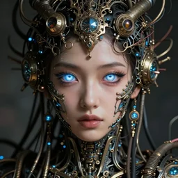 beautifully stunning Rococopunk woman_integrating_with_technology_full_face_insipiring_detailed_intricate_ornate_cables_connected_to_head_big_open_electric_eyes_ the_singulairty is now by Hironaka, Harumi
