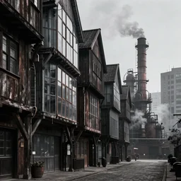 narrow street, timber architecture, facade, metal, glass, daylight, landscape, octane render, highly detailed, intricate, smoking factories, brutalist city, dark athmosphere, noir, heavy texture, hyper realist, 4 k, extreme detail, cinematic lighting, foggy, smog