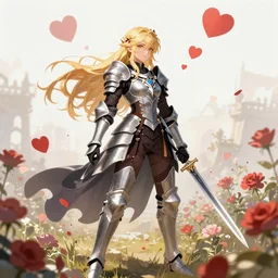 Alice in wonderland as Malenia Blade of Miquella, Elden ring aesthetic, blond hair, wearing armor, falling hearts, flowers, artgerm, WLOP, Ross Tran