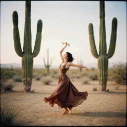 analog photography of a woman wearing a long dress dancing in the desert and big cacti by mark owen. vogue. kodak portra. bokeh!! detailed. hq. warm light. mamiya 7. f / 1. 2, symmetrical balance, in - frame