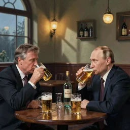 viktor orban and putin drinking beers and vodka in a pub, by edward hopper