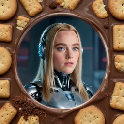 smore inside drew barrymore, bionic scifi by alexandre ferra, chocolate and graham cracker background