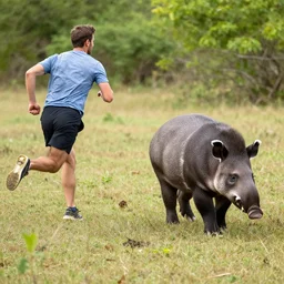 A photograph of a man running away from a tapir.