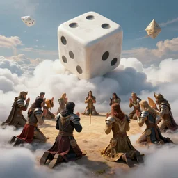 holy dice in the clouds, on the ground are people dressed in fantasy armor, kneeling in prayer, dali