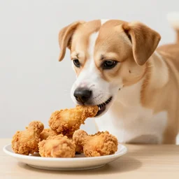 a dog that is eating fried chicken