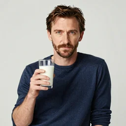“Tobey Maguire with a milk mustache posing with a cold glass of milk for a milk advertisement”