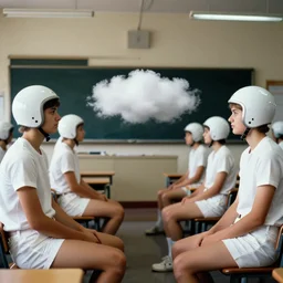 realistic photo portrait of the university students wearing white shorts, dressed in white spherical helmets, sitting in a classroom, a cloud in the middle 1 9 9 0, life magazine reportage photo