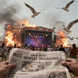 realistic cinematic views of a orwellian coachella with fires in the background and dead seagulls falling from the sky in front of the main stage, realistic, cinematic, newspaper, dramatic lighting, depth of field background by victor mosquera, misty, terror glow, unreal engine 5 render, 3 5 mm film grain