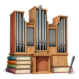 pipe organ made of large colorful books, pen and ink color digital illustration