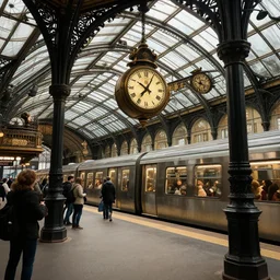 subway station with arriving subway train!!!, more passengers waiting on the platform, black iron pillars with intricate!!! details, curved glass roof, hanging station clock detailed, with low angle, (((((steampunk))))), detailed intricate octane renderer,  8K sparsely lit art by artgerm and greg rutkowski and alphonse mucha