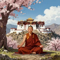a monk practicing yoga in front of a Tibetean monastery on top of a mountain , under a cherry blossom tree, steampunk, detailed digital art