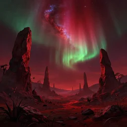 exotic landscape, rocks pointing to the sky, sparse plants, weird, creepy, quiet, red color scheme, andromeda krogan nebula aurora wallpaper 3 d pixar disney digital cgi rtx hdr painting bioluminance alena aenami artworks in 4 kby loish beeple, by thomas kinkade