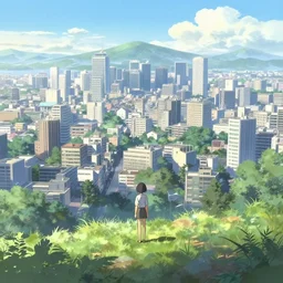 infinitely detailed beautiful!, city bright daylight background dreamy!, highly detailed, lonely shinkai makoto scenery yet peaceful!!, atmospheric, ambient lighting!, drawn by tatsuki fujimoto