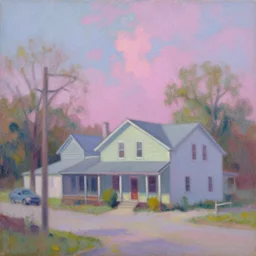 quaint Midwestern town, oil on canvas, vibrant pastel, eerie vibes