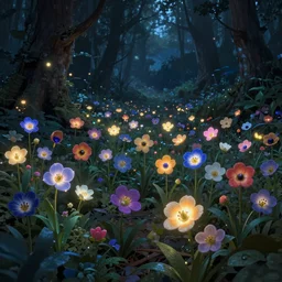 enormously detailed photo art of small multiple colorful eye-catching flowers glow in the night dark forest, high fantasy matte painting, atmospheric lighting, highly detailed illustration highlights, 8K detail post-processing, featured on DeviantArt, trending on cgsociety
